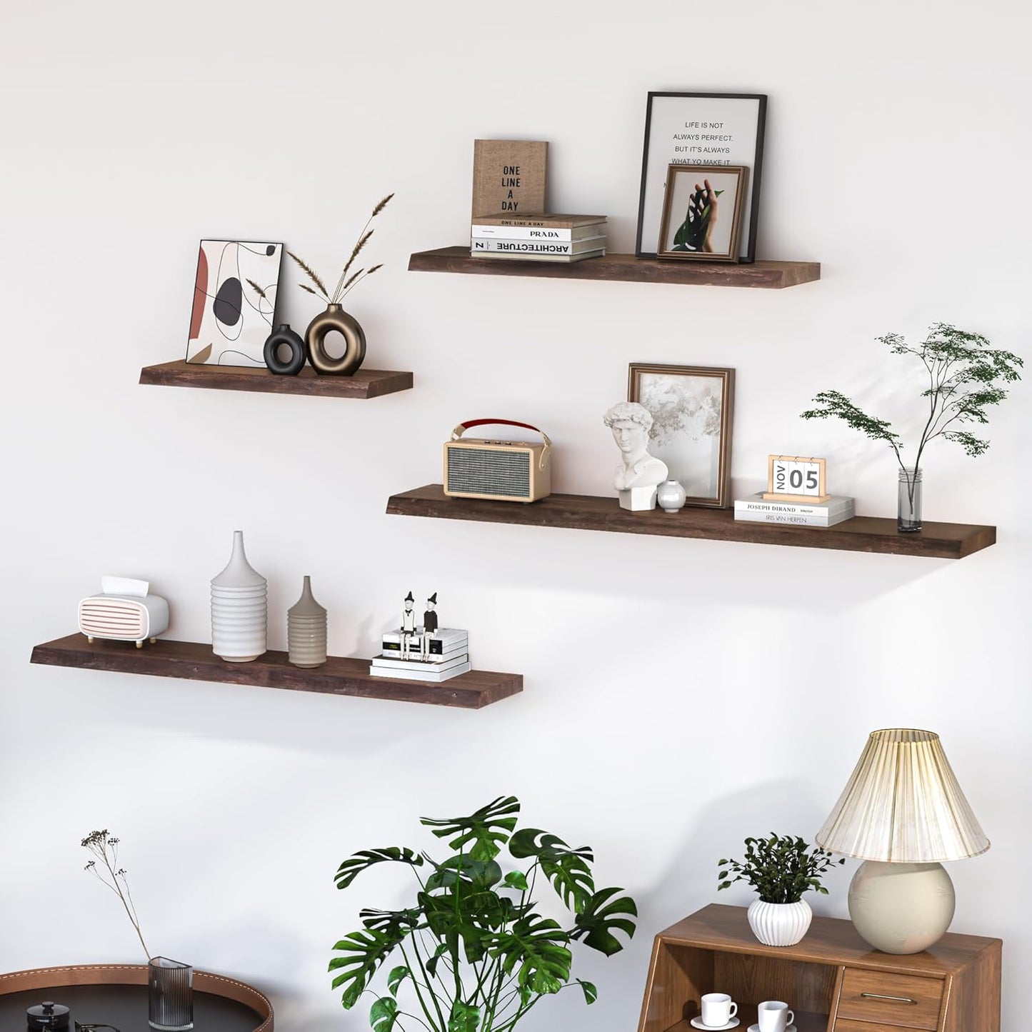 Floating Shelves for Wall, 36"x9.3" Rustic Solid Live-Edge Elm Wood Wall Shelves, Heavy-Duty Floating Shelves with Invisible Brackets, Set of 2 for Living Room, Bedroom, and Kitchen, Walnut Finish