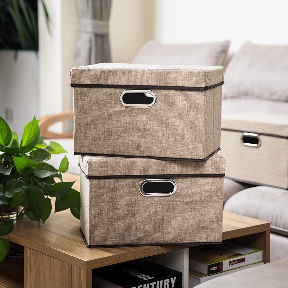PRANDOM Collapsible Storage Containers with Lids [5-Pack] Jute Fabric Foldable Storage Bins Boxes Organizer Baskets Cube with Cover for Home Bedroom Closet Office Nursery (14.9x9.8x9.8)