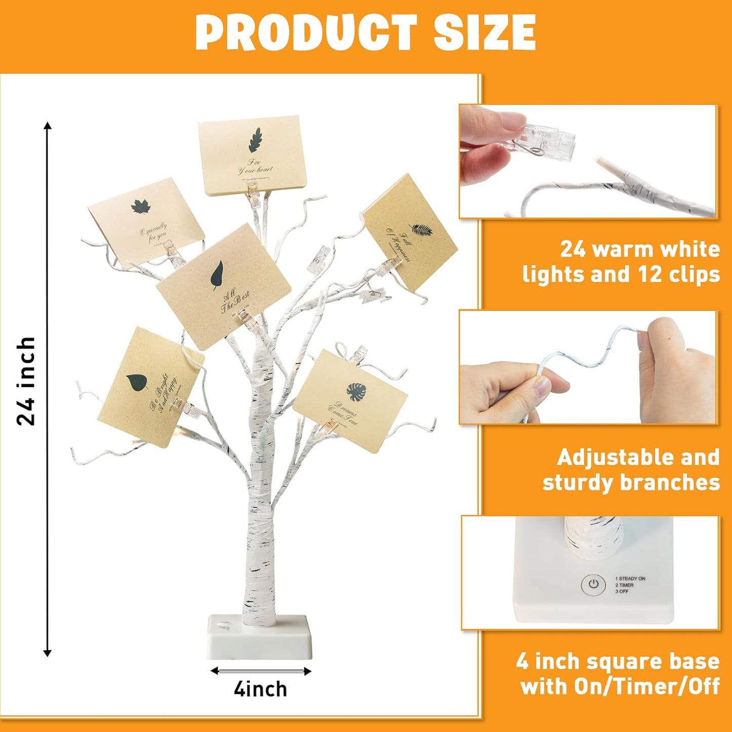 EAMBRITE Money Tree Gift Holder, Gift Card Tree 2FT 24LED, Lighted Birch Trees Battery/USB Powered Timer Photo Display with 12 Clear Clips and 12 Cards for Home Christmas Halloween Picture Memo 2 Pack