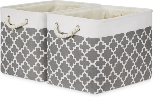 Bidtakay Large Fabric Storage Basket Set of 2 Collapsible Rectangle Basket for Shelves 16" X 11.8" X 11.8" Decorative Organizer Bins for Clothes Toys(White&Quatrefoil Grey)