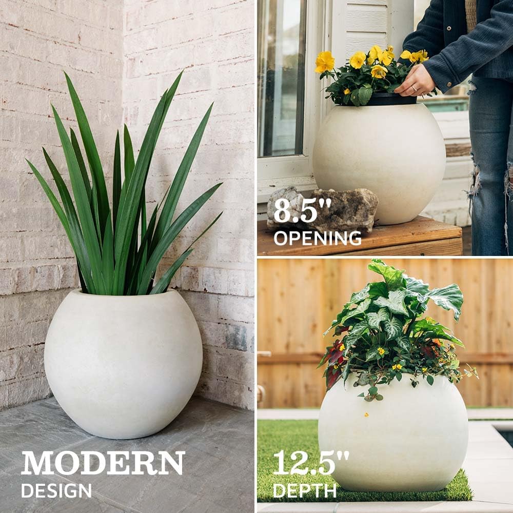Ash & Ember Onyx 16" D Ceramic Indoor Outdoor Round Sphere Planter, Satin Ivory, Home Decor Evergreen Weather Resistant Modern Planter Pot, Seamless Herb & Seasonal Flower Garden Box