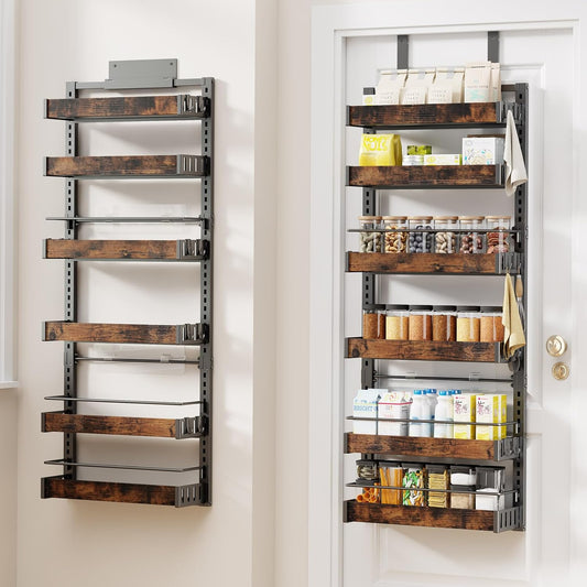 6 Tier Over The Door Pantry Organizer, 2 IN 1 Wall Mount or Metal Hanging Spice Rack for Pantry Organizers and Storage, Seasoning Shelves，Adjustable Basket with Hooks for Kitchen, Bathroom,Laundry