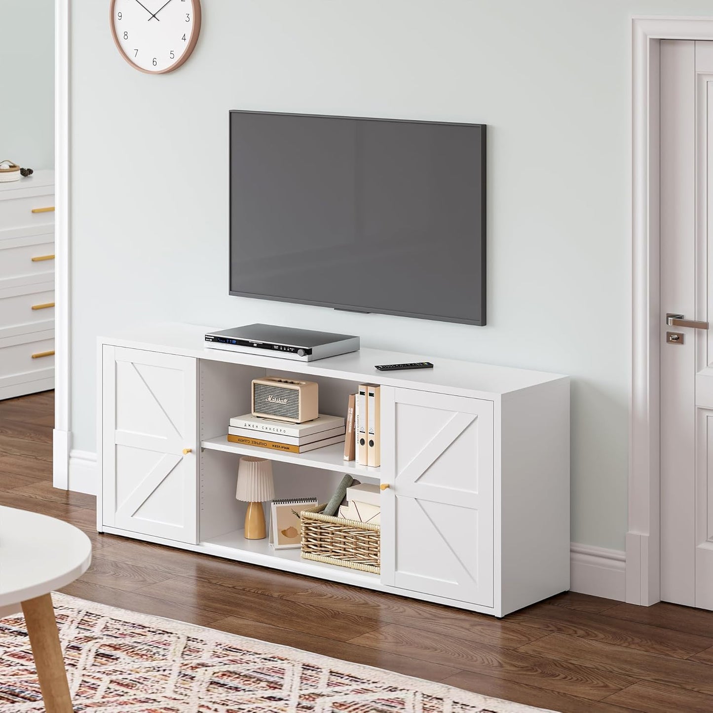 Farmhouse - Style 65 - inch Metal TV Stand: Entertainment Center with Locker, Barn - Style Doors, Adjustable Partition. Medieval Modern Media Console Table for Living Room & Bedroom (White)