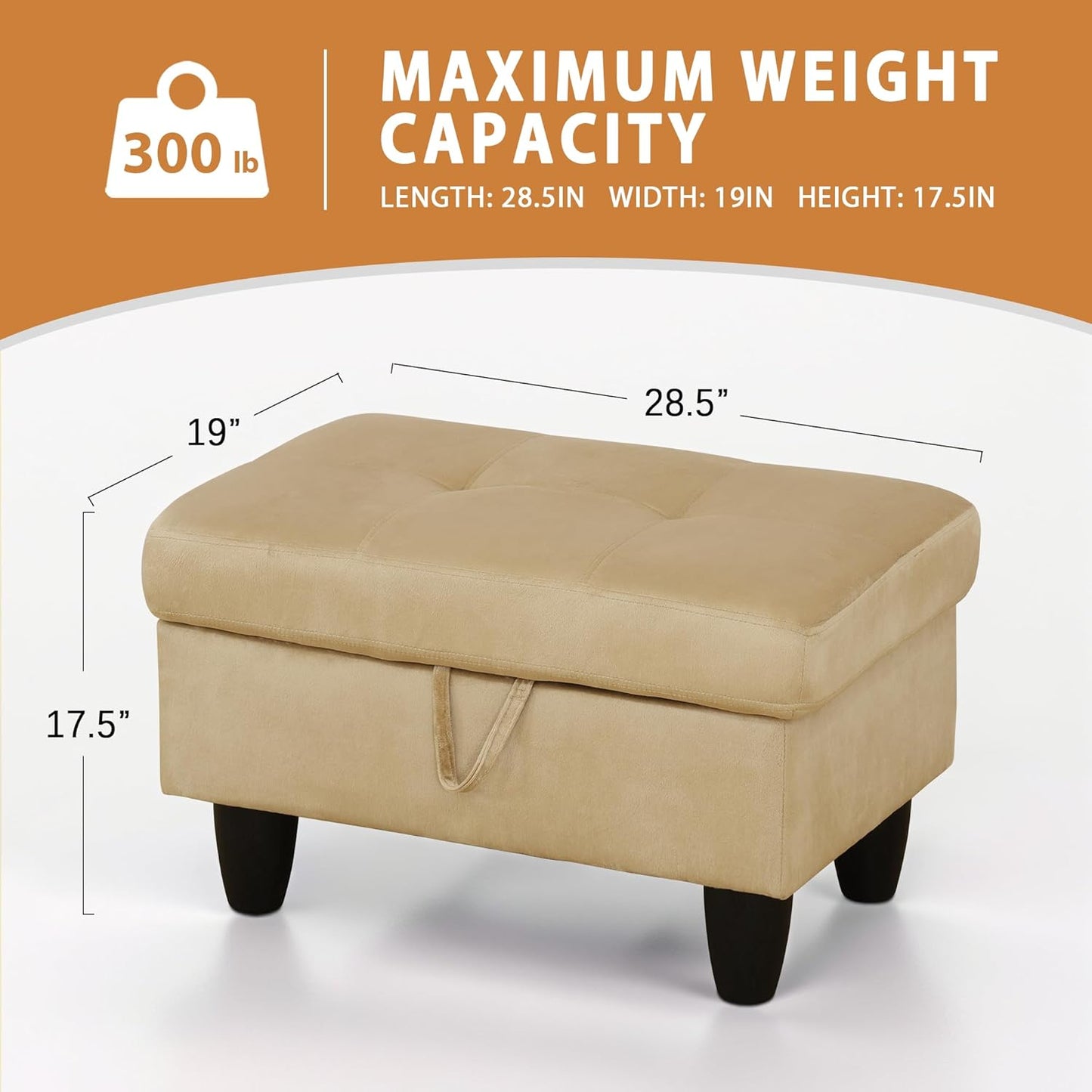 Ottoman Rectangular Storage Ottoman Bench, Flannel Footrest Stool Footstool with Lid for Living Room, Bedroom, Entryway, Light Brown, 28.5"x19"x17.5"
