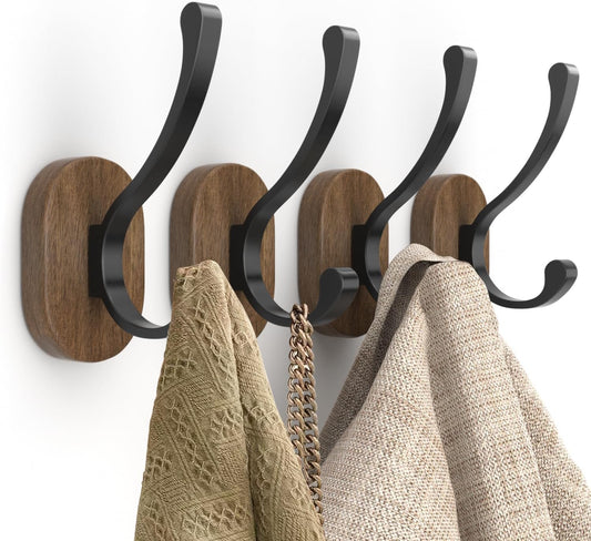 Wall Hooks for Hanging Coats - 4 Pack Coat Hooks Wall Mounted, Wood Coat Hooks for Wall, Bussdis Single Metal Hooks for Hanging Hats, Keys, Towel, Robe, Purse, Jackets, Decorative Livingroom, Bathroom