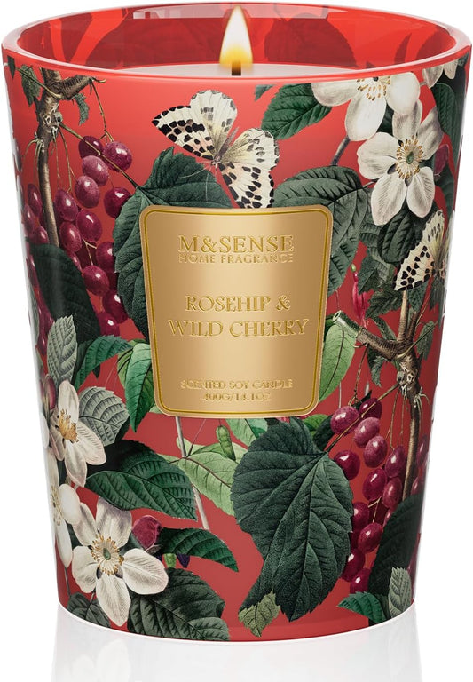 M&SENSE Wild Cherry Scented Candle, Natural Soy Wax Candles 14.1oz 60H Slow Burning Non Toxic, Stress Relief Romantic Gifts for Women Home Decor