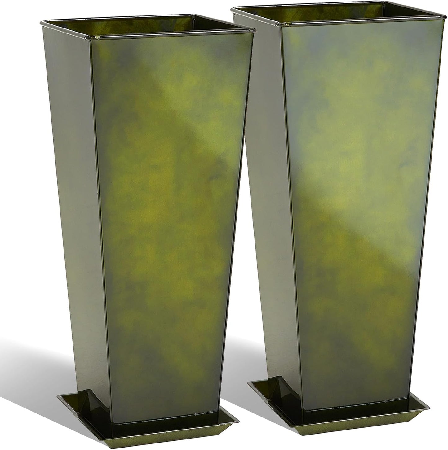 KOL Galvanized Steel Planter 25''H. with Saucer, Bright Glazed Planter with Drainage Hole, Set of 2, Tall Pots for Indoor & Outdoor Use, Decorative Flower Plant Pots for Porch, Patio, Deck - Green