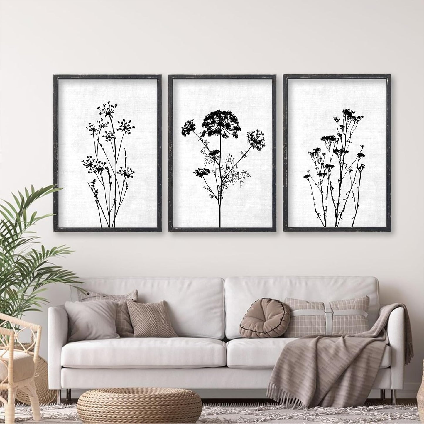 Flower Plant Wall Art Decor 24"x16" Set of 3 Black And White Botanical Painting Wood Framed For Minimalist Bedroom Office Rustic Living Room Abstract Wildflower Sign Hanging (Black)