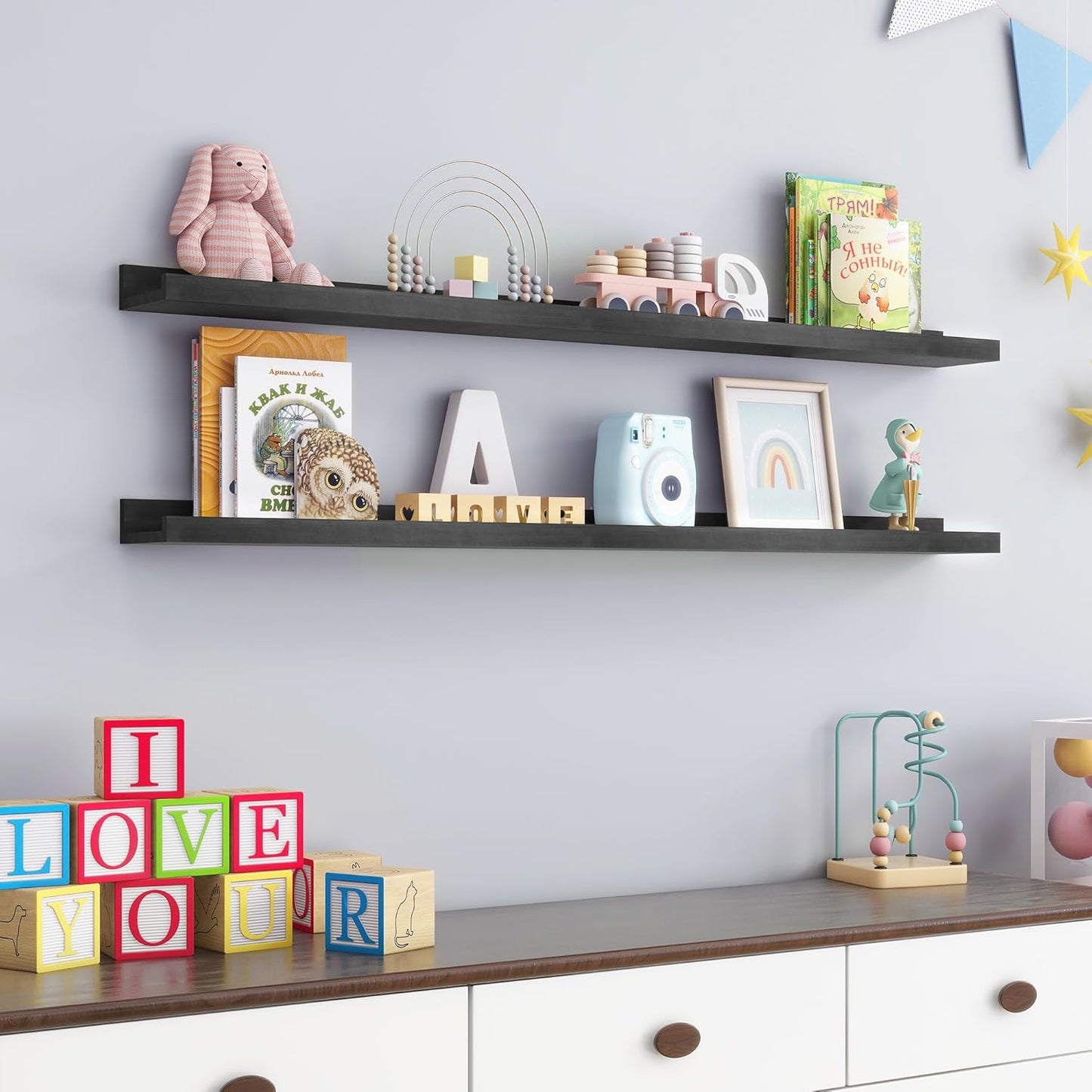 Picture Ledge Shelf for Wall, 48 inch Solid Pine Wood Nursery Book Shelves 2 Packs, Floating Ledge Shelves for Kids' Room Bedroom Bathroom Living Room Photo Frames Office Nursey Wall Decor, Black