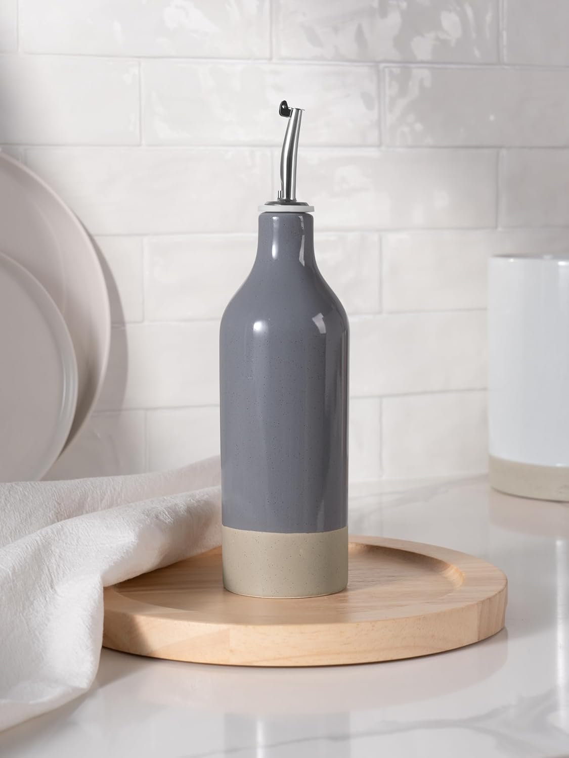 famiware Milkyway 16oz Ceramic Olive Oil Dispenser Bottle, 1 Piece Oil Dispenser for Kitchen with Stainless Steel Pourers, Suitable for Storage Vinegar, Soy Sauce, Coffee Syrup, Liquids, Dark Gray