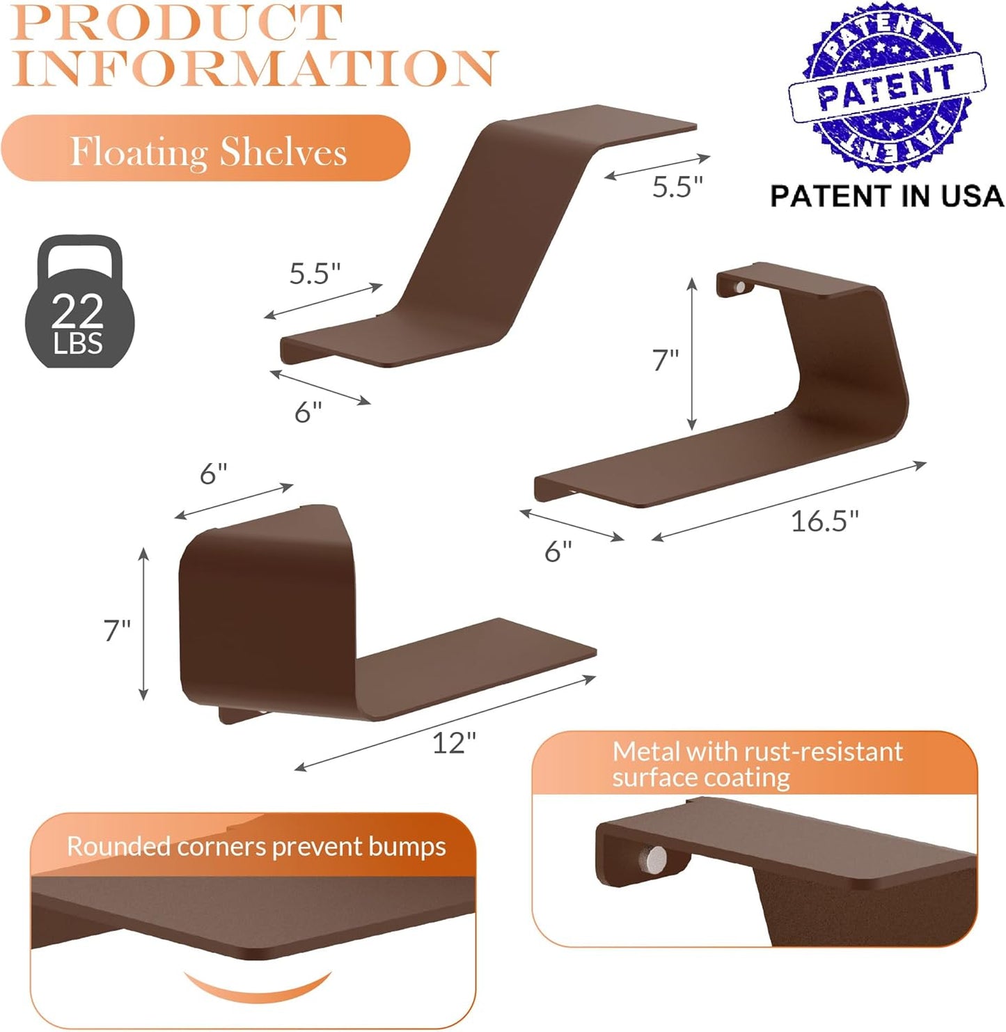 Floating Shelves, Wall Shelf, Set of 3 Wall Mounted Metal Shelves with Unique Design for Wall Storage, Book Shelf, Display Shelves for Bathroom Bedroom Kitchen Living Room for Home Brown