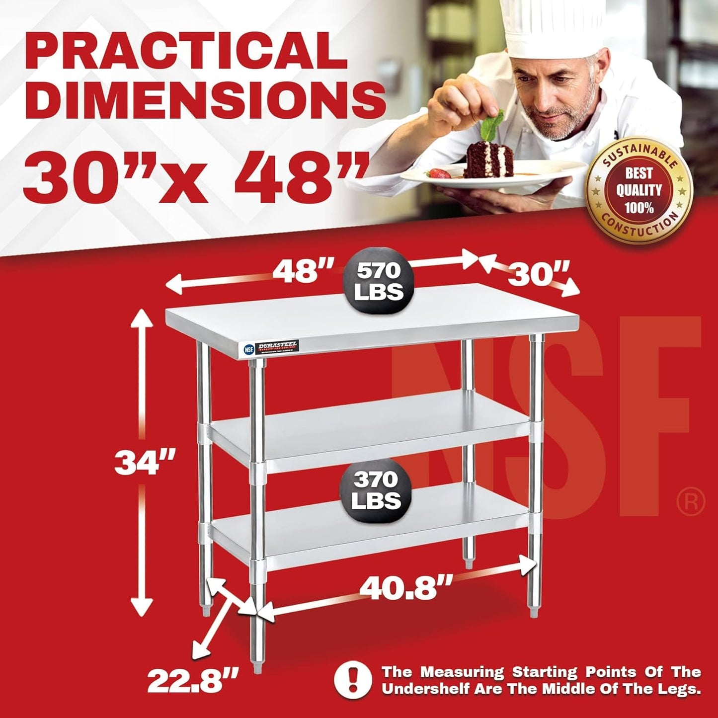 DuraSteel Food Prep Stainless Steel Table - 30 x 48 Inch Commercial Metal Workbench with Adjustable Under Shelf - NSF Certified - for Restaurant, Warehouse, Home, Kitchen, Garage