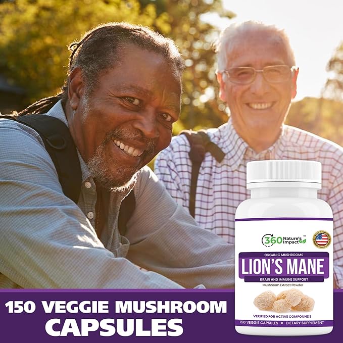 360 Nature's Impact Lions Mane Mushroom Supplement Capsules (150 Capsules) for Brain Health Support Supplement, Organic Supplement with Beta-Glucans & Hypromellose for Cognitive System