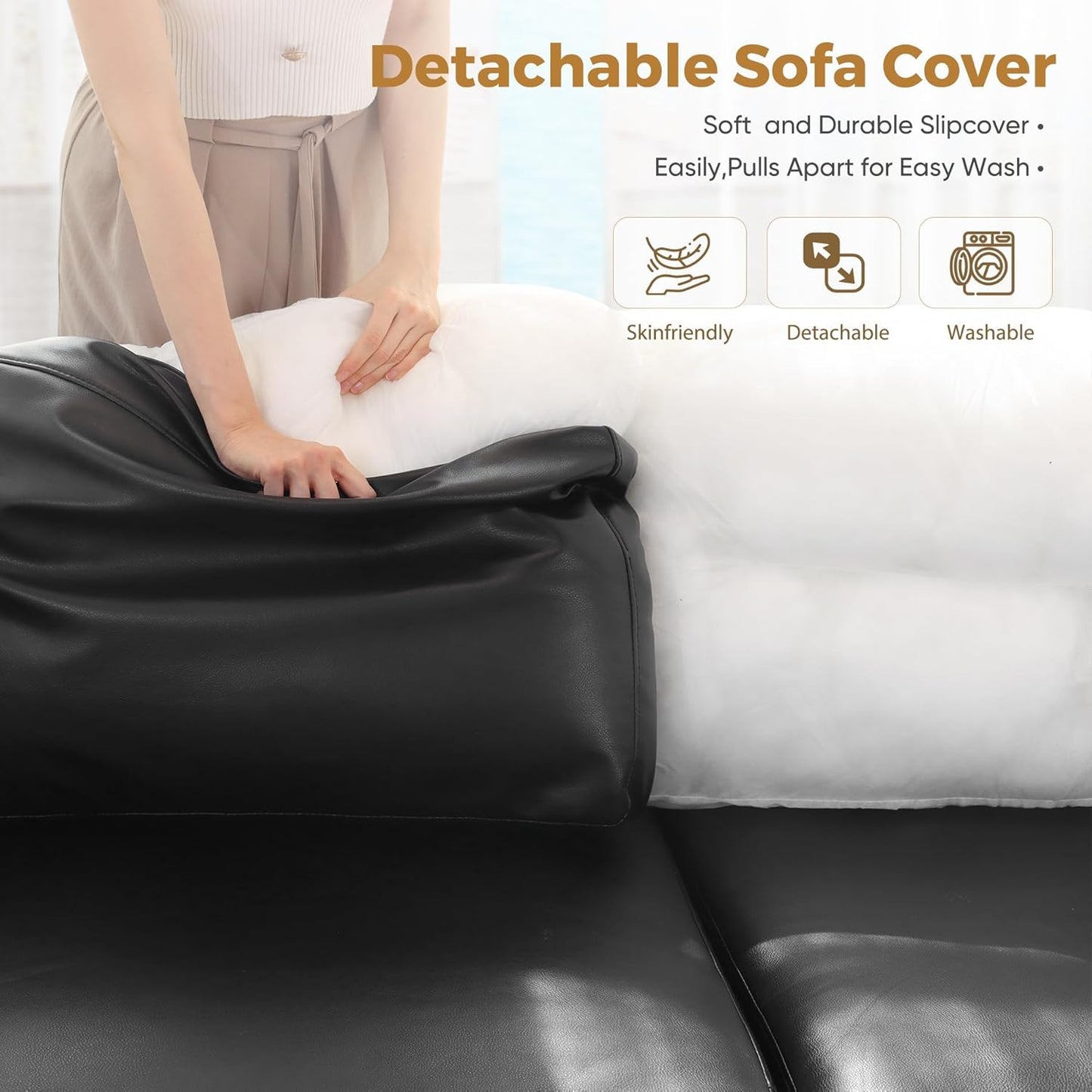 91.5" Faux Leather U Shaped Modular Sectional Sofa, 5 Seater Couch with Movable Ottoman Deep Seat and Storage Seat with Removable Cover for Living Room, Apartment - Black