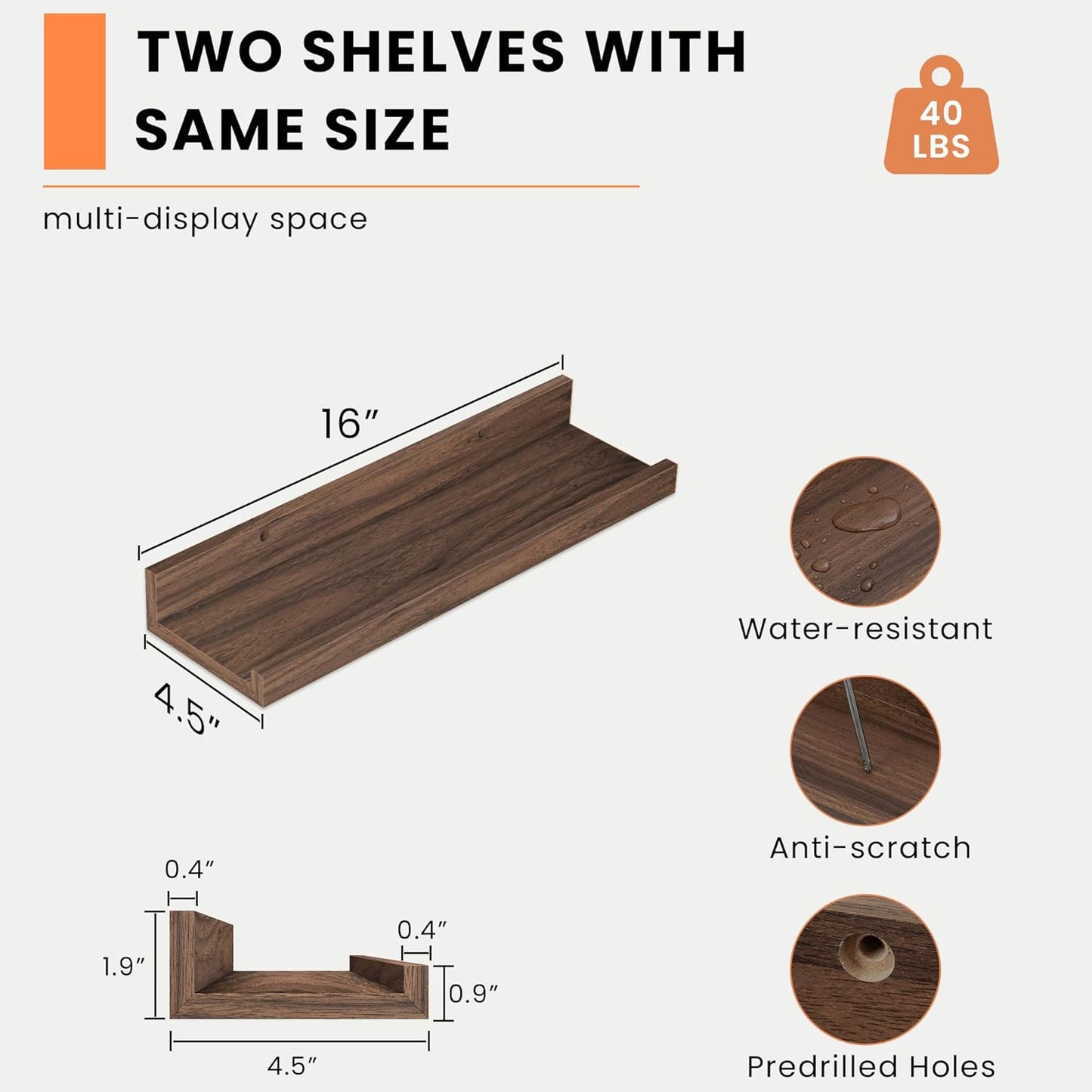 Heimlove Picture Ledge Shelf, Small Floating Shelves Set of 2, 16 Inches Picture Shelf for Wall with Ledge, Kids Bookshelf Wall Mounted for Living Room Bedroom Decor Books Photo Frames, Walnut