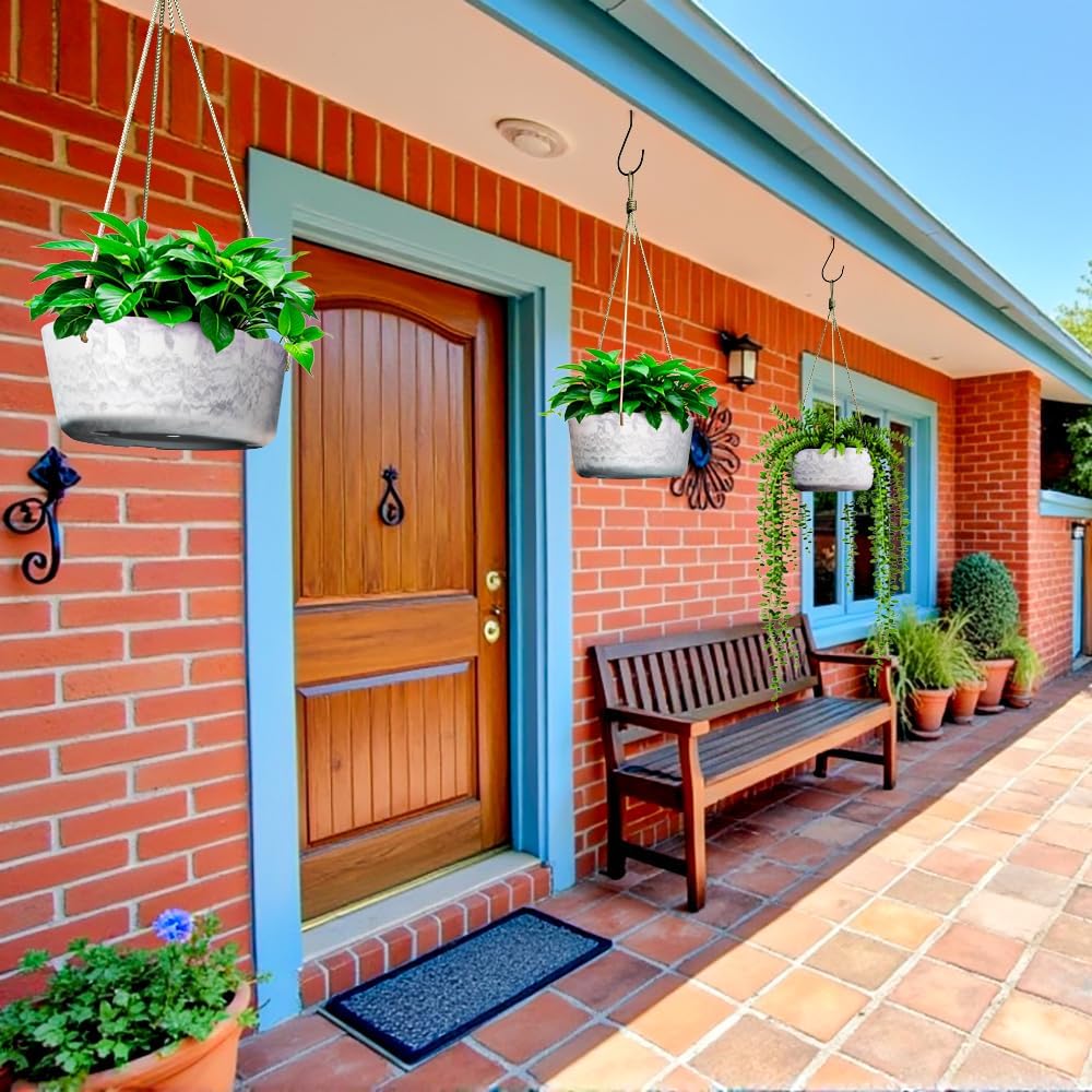 10.7 Inch Hanging Planter for Outdoor Indoor Plants，2 Pack Hanging Flower Pots with Drain Holes for Garden Home Decor Use (Marble)