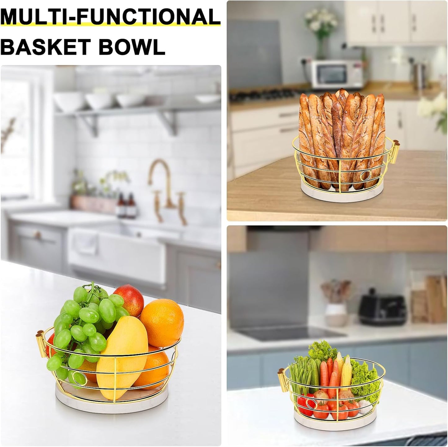 Livabber Countertop Fruit Basket Bowl with Banana Hanger, Modern Standing Fruit Vegetable Bowl Storage, with Banana Tree Holder for Kitchen Dinning Table (Round Marble, Gold)