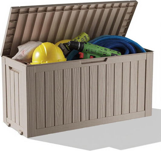 75 Gallon Outdoor Storage Box - Waterproof Resin Deck Box for Patio Cushions & Garden Tools - Lockable Indoor/Outdoor Storage Bin - Stylish Grey Design