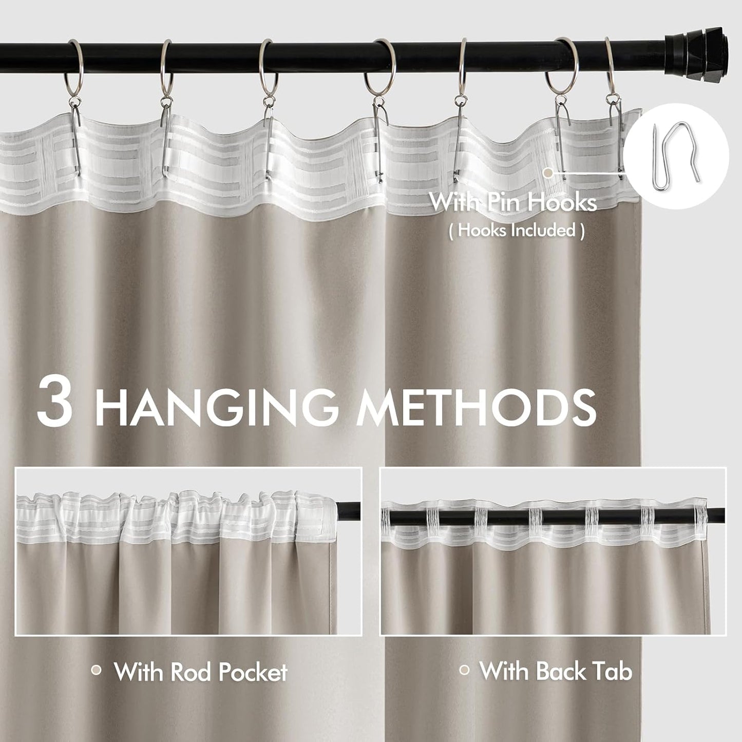 MIULEE Natural Back Tab Blackout Curtains 90 Inches Long 2 Panels Set for Living Room Bedroom Privacy, Rod Pocket/Pinch Pleat Thermal Insulated Room Darkening Pleated Light Blocking Drapes