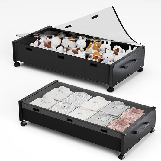 Wooden Under Bed Storage with Wheels, Rolling Under the Bed Storage Bins with Removable Lid, Metal Under Bed Drawers for Clothes and Shoes in Bedroom or Living Room(Black Wood-2pack)