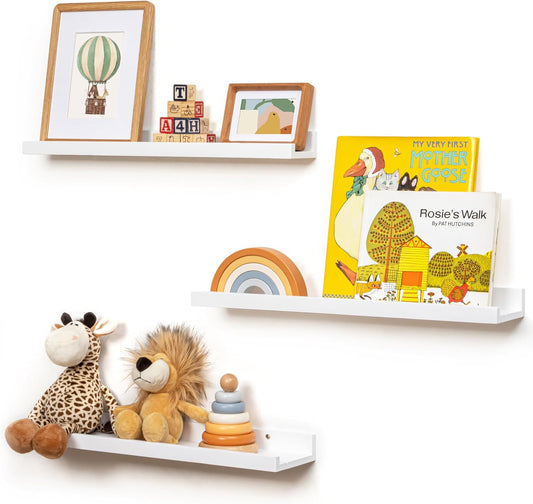 Picture Ledge Shelf for Wall, 24 inches Solid Pine Wood Nursery Book Shelves 3 Packs, Floating Ledge Shelves for Kids' Room Bedroom Bathroom Living Room Photo Frames Office Nursey Wall Decor, White