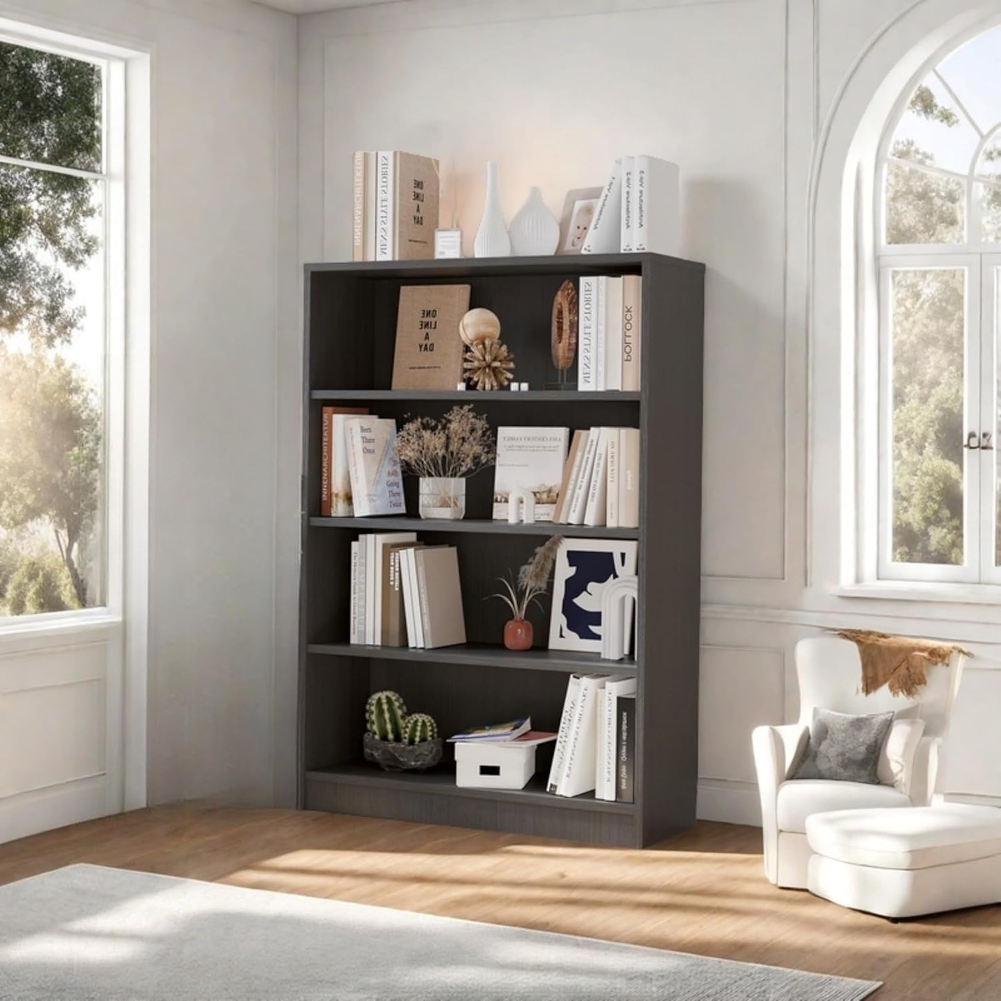 Bookshelf, Open Modern Bookshelf, 4 Shelf Bookcase with Freestanding Display Storage, Wooden Book Shelf for Bedroom, Living Room, Dinning Room, Office, 48 Inch, Gray