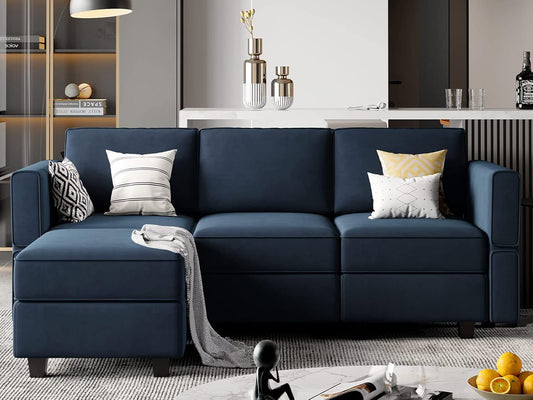 Belffin Convertible Sectional Sofa with Chaise Velvet L Shaped Sofa Couch Modular Sectional Sofa with Storage Blue
