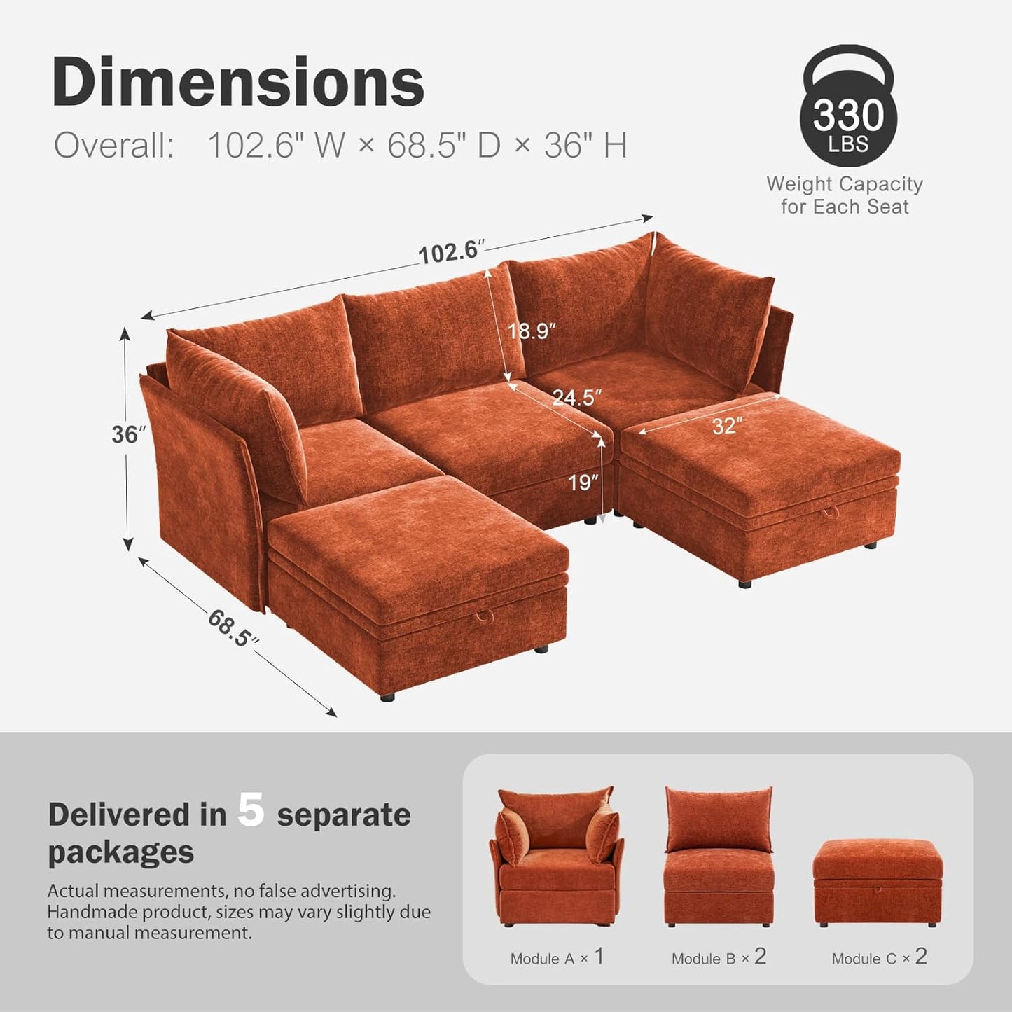 102.6" U Shaped Modular Sectional Sofa, 5 Seater Couch with Storage Ottoman Deep Seat and High Backrest with Removable Cover for Living Room, Apartment - Chenille Terracotta Orange