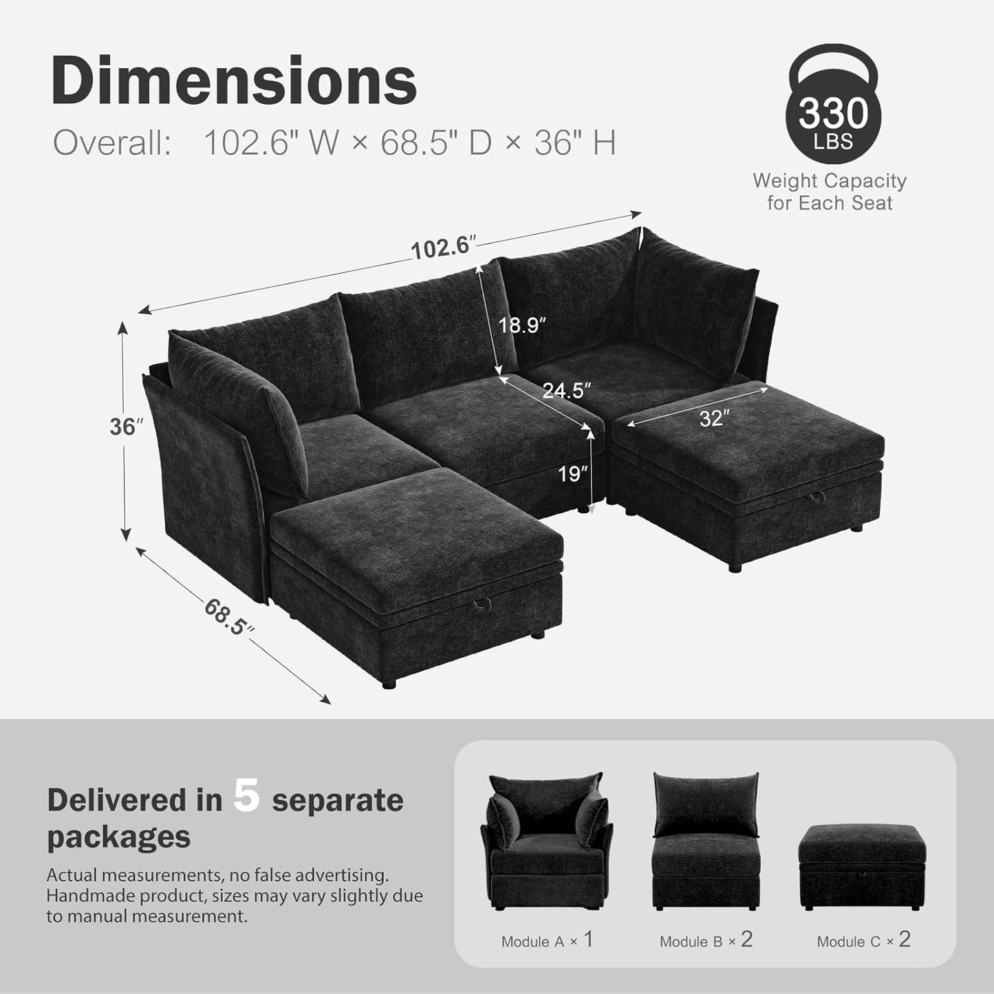 102.6" U Shaped Modular Sectional Sofa, 5 Seater Couch with Storage Ottoman Deep Seat and High Backrest with Removable Cover for Living Room, Apartment - Chenille Black