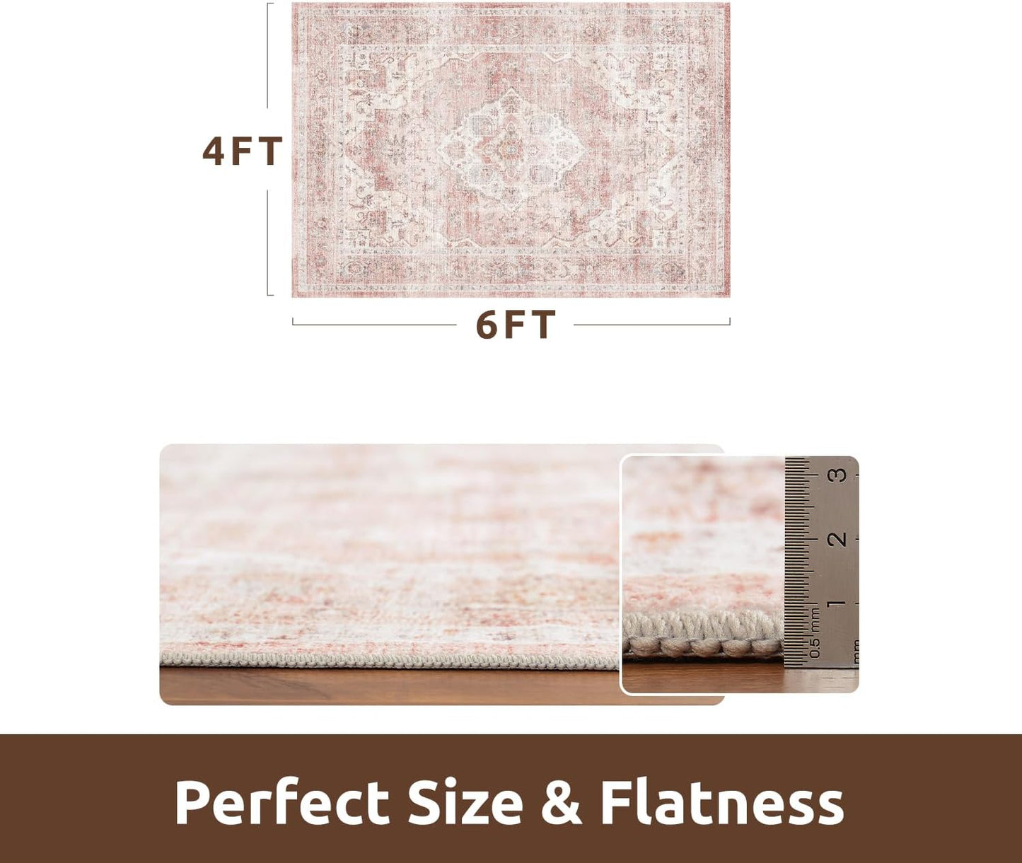 AMOAMI 4x6 Soft Vintage Area Rug - Non-Slip Washable Rug for Living Room, Bedroom, Dining Room, Office - Pink