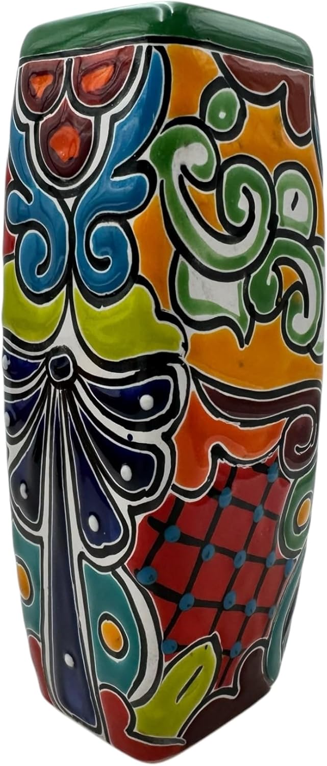 Talavera Planter Pot Square Vase Folk Art Mexican Pottery Handmade Hand Painted Home Decor Indoor Multicolor Outdoor 9.25" (Multi 12)