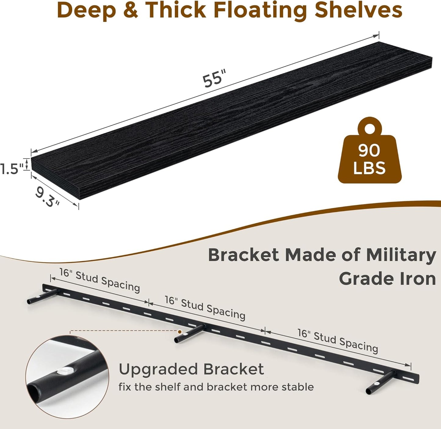 55 Inch Floating Shelves Black, Rustic Wood Floating Shelf Wall Mounted, 9 Inch Deep Floating Shelf for Kitchen, Bedroom, 55 x 9 Wall Shelves for Home Storage, Set of 1