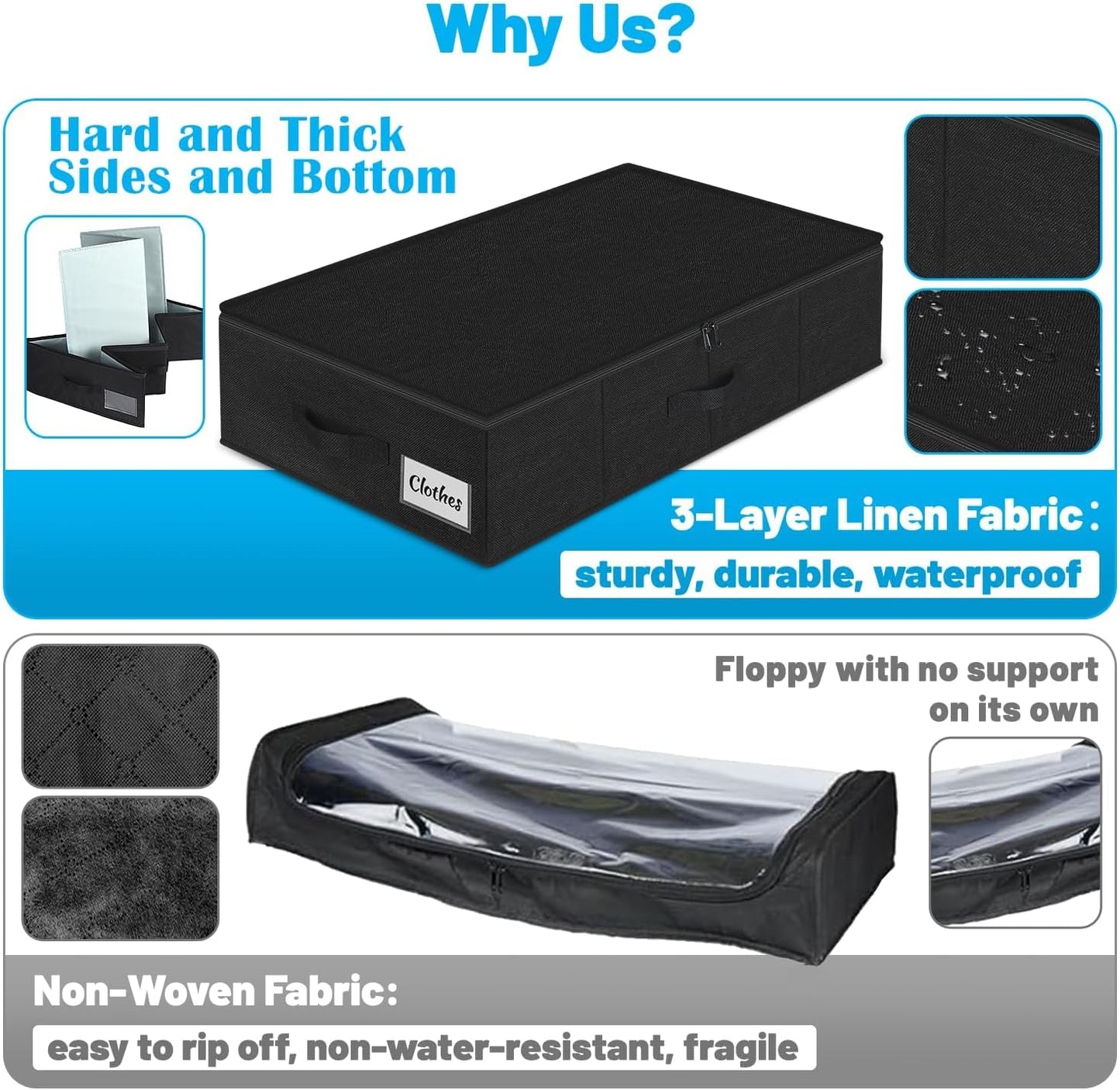 Under Bed Storage Container Bins 2 Pack, Low Profile Foldable Underbed Clothes Storage Organizer W/ Ultra Thick Fabric and Sturdy Bottom/Sides, Dual Zipper Storage Box for Dorm and Home 30x16x6.7"