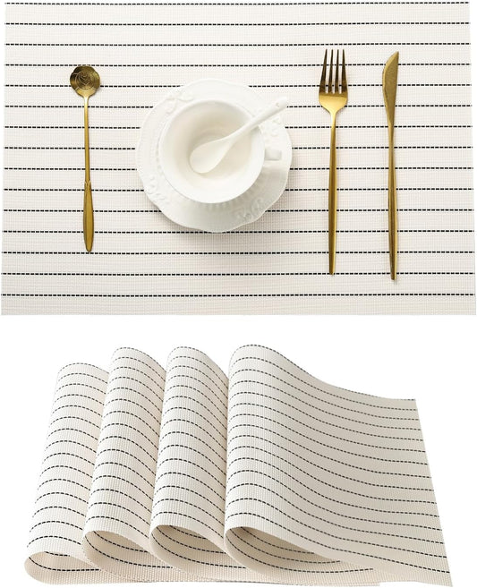 Leetaltree White with Black Stripes Placemats Set of 4 - Heat Resistant Non-Slip Place mats for Dining Table, Washable Durable PVC Vinyl Woven Table Mats（White Stripes, 4）