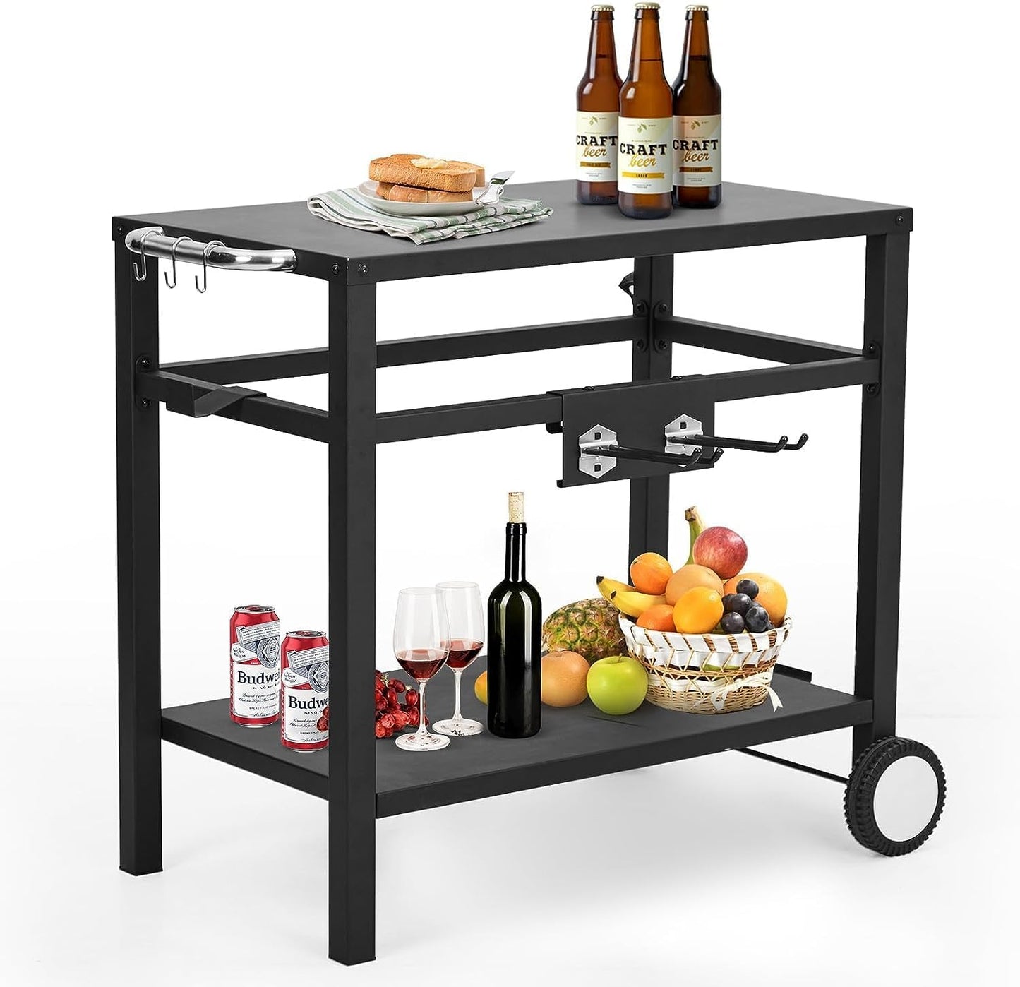 Bar Cart, Outdoor Grill Cart, Pizza Oven Stand, BBQ Prep Table with Wheels & Hooks, Side Handle, Double-Shelf Grilling Cart, Tabletop Griddle Cooking Station for Bar, Patio, Kitchen (Black)