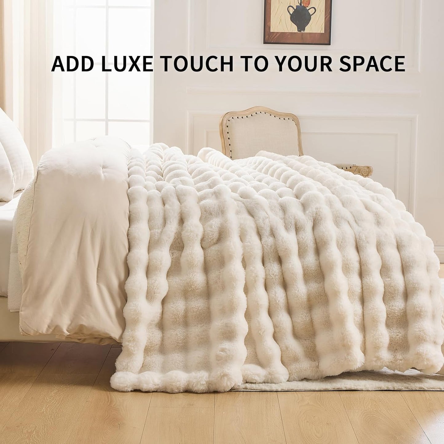 Cozy Faux Fur Throw Blanket for Bed-Warm Fuzzy Throw Blanket, Soft Plush Thick Bubble Blankets for Bedroom and Living Room, Furry Luxury Blanket, 90 x 108, Cream