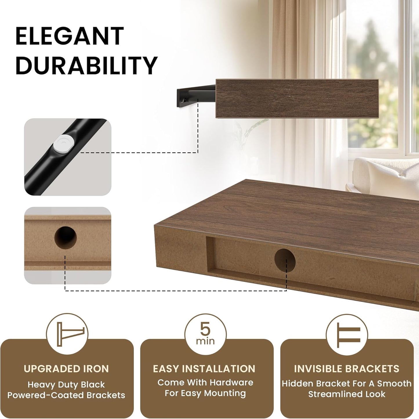 Square Floating Shelves for Wall, 8" W x 8" D x 1.2" H, Small Wooden Wall Mounted Display Shelves with Invisible Brackets for Living Room, Bedroom, Bathroom, Kitchen Decor, Set of 4, Walnut