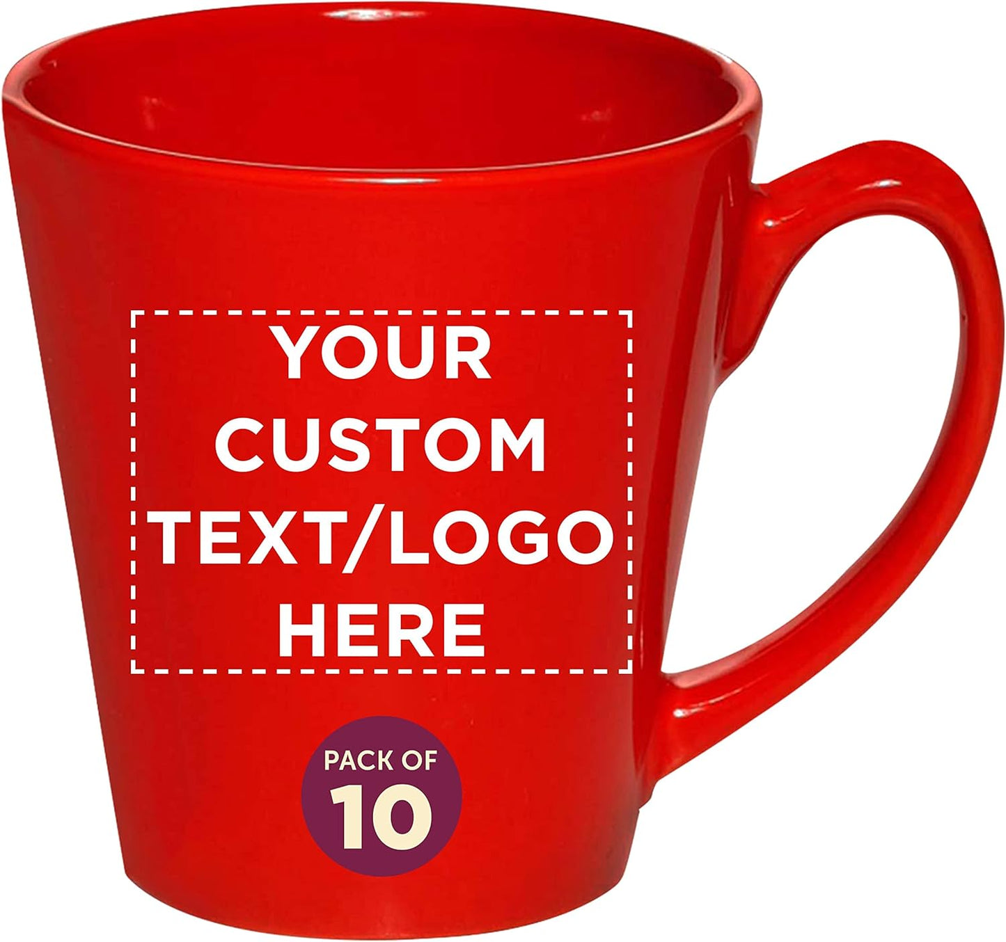DISCOUNT PROMOS Custom Glossy Ceramic Latte Coffee Mug 12 oz. Set of 10, Personalized Bulk Pack - Perfect for Tea, Espresso, Cappuccino, Hot Cocoa - Red