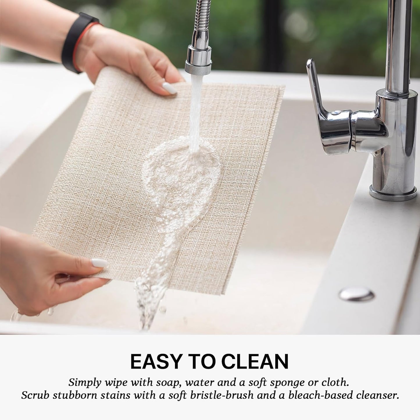 LEXMORE Placemats Set of 6 Vinyl/Plastic Woven Place Mats for Kitchen Table Indoor/Outdoor Washable Placemat Wipeable Dining Table Mats(A-Beige)