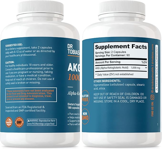 Dr. Tobias AKG Supplement 1000mg Per Serving, Bioavailable Alpha Ketoglutaric Acid, Supports Cellular Energy & Nitric Oxide Flow, Vegan, Gluten-Free, Non-GMO, 180 Capsules, 90 Servings