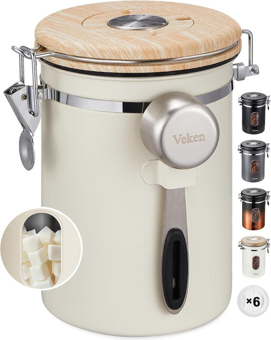 Veken Coffee Sugar Canister with Window, Coffee Lover Gift Set,Airtight Stainless Steel Kitchen Food Storage Container Gifts, Date Tracker & Scoop for Grounds Coffee,Beans,Tea,Flour,Cereal,22OZ,Cream