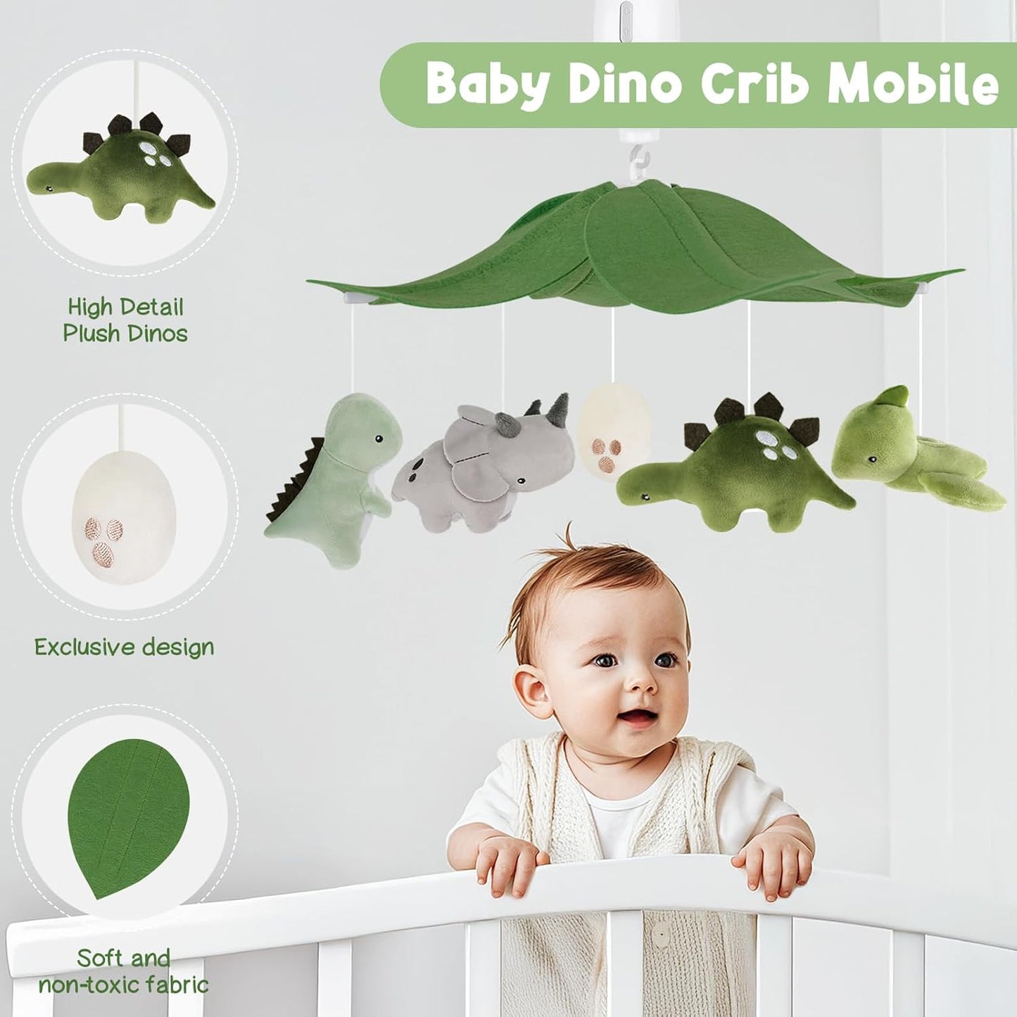 Dinosaur Crib Mobile – Grey and Green Dino Baby Crib Mobile with 3-Mode Music Box, Jurassic Dreams Baby Mobile for Boys & Girls, Nursery Mobiles, Fits Standard Cribs