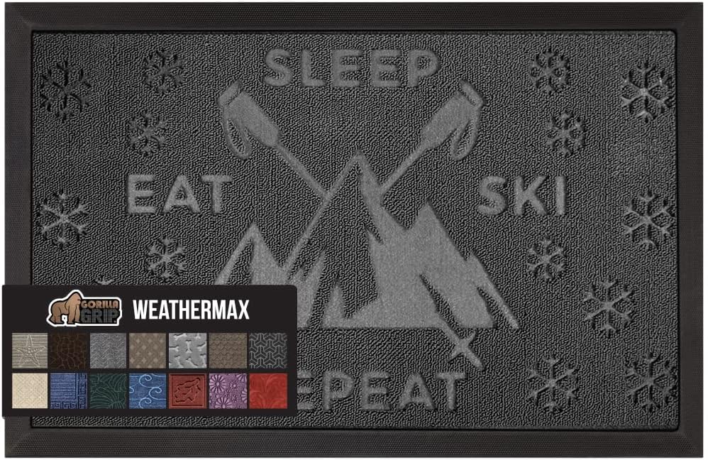 GORILLA GRIP 100% Waterproof All-Season WeatherMax Doormat 35x23, US Designed Natural Rubber, Stain and Fade Resistant, Low Profile Indoor Outdoor Door Mats, Easy Clean Patio Mat, Graphite Skiing