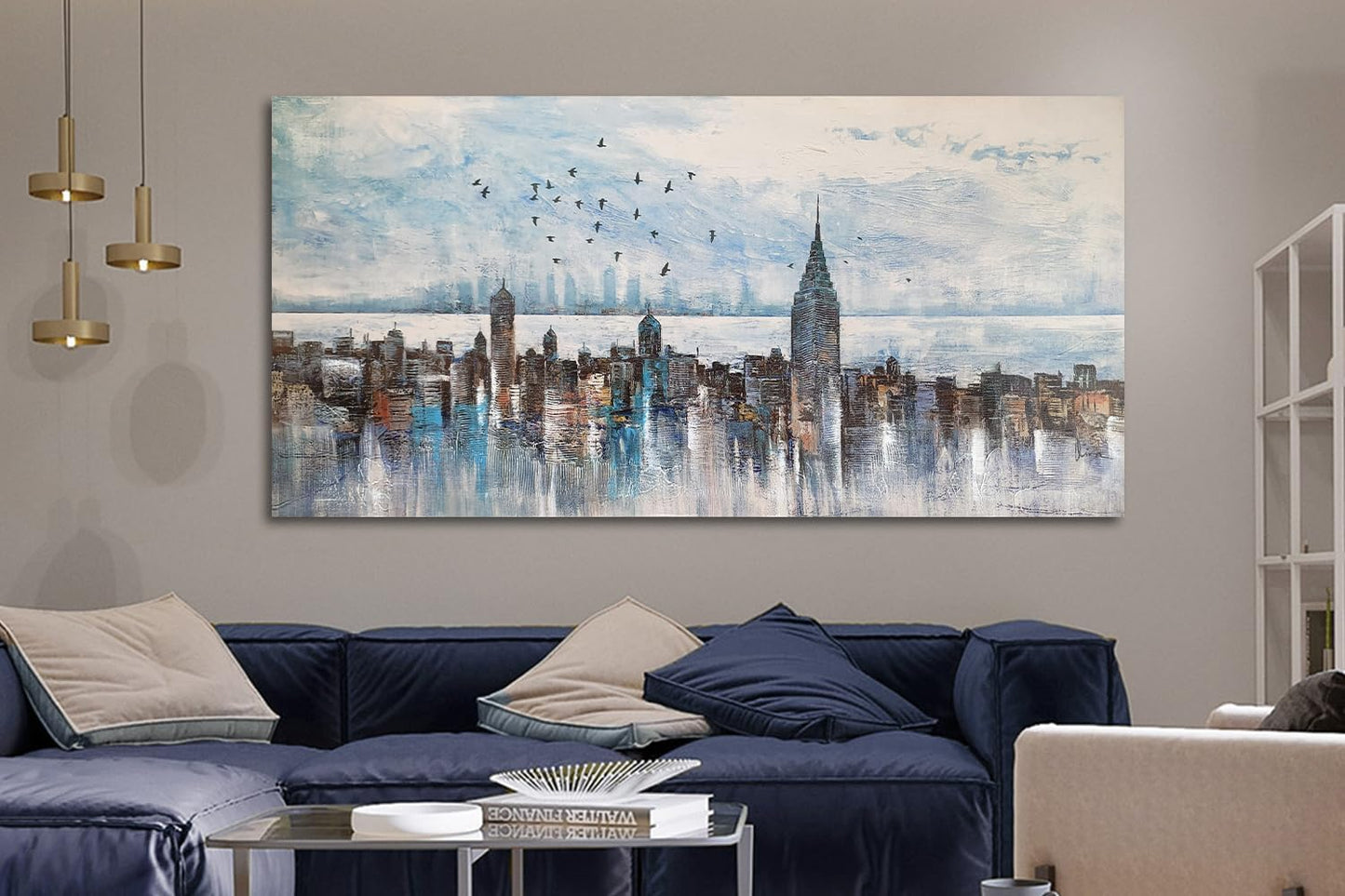 Arjun Cityscape Wall Art New York City Skyline Buildings Picture Modern Abstract Grey NYC Skyline Birds City View Painting Framed Artwork for Bedroom Living Room Home Office Decor Extra Large 58"x29"