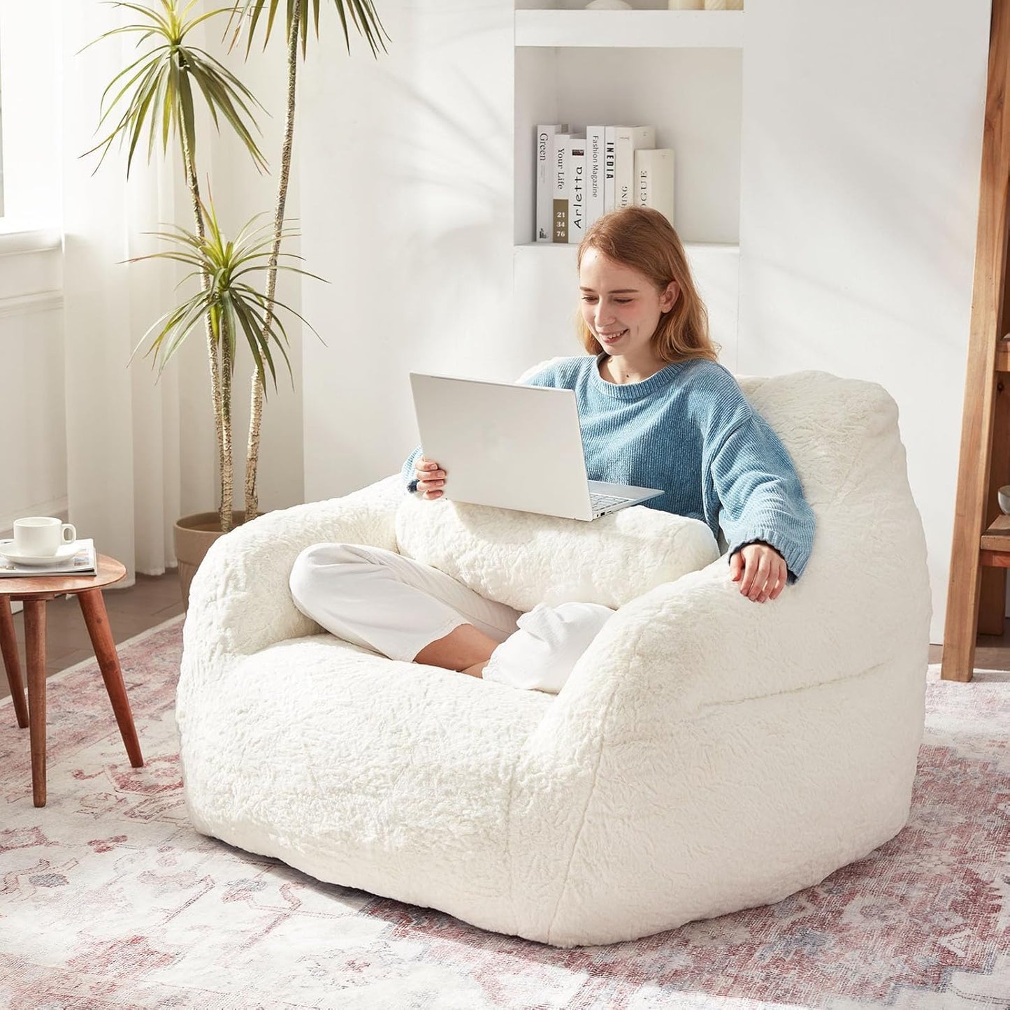 Bean Bag Chair for Adults with Pillow,Oversized Bean Bag Couch Chairs for Adults,Giant Lazy Couch Sofa Chairs with Filler,Large Reading Chair for Living Room Bedroom,White