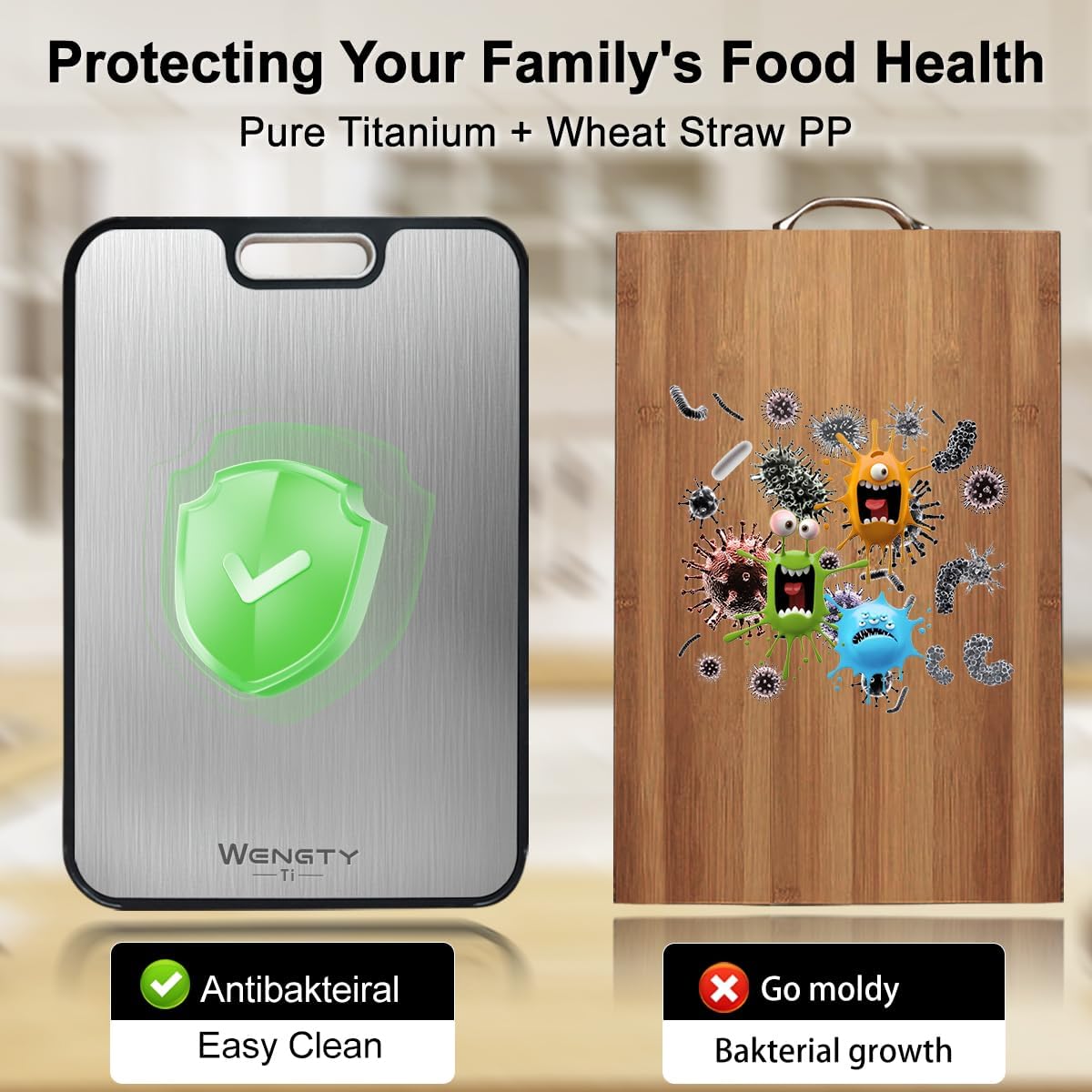 Titanium Cutting Boards for Kitchen, Double Sided Food-Grade Pure Titanium&Wheat Straw PP, Non-Toxic, Non-Slip, Dishwasher Safe, Ideal for Meat, Vegetables, Fruit 15.8 x 11''
