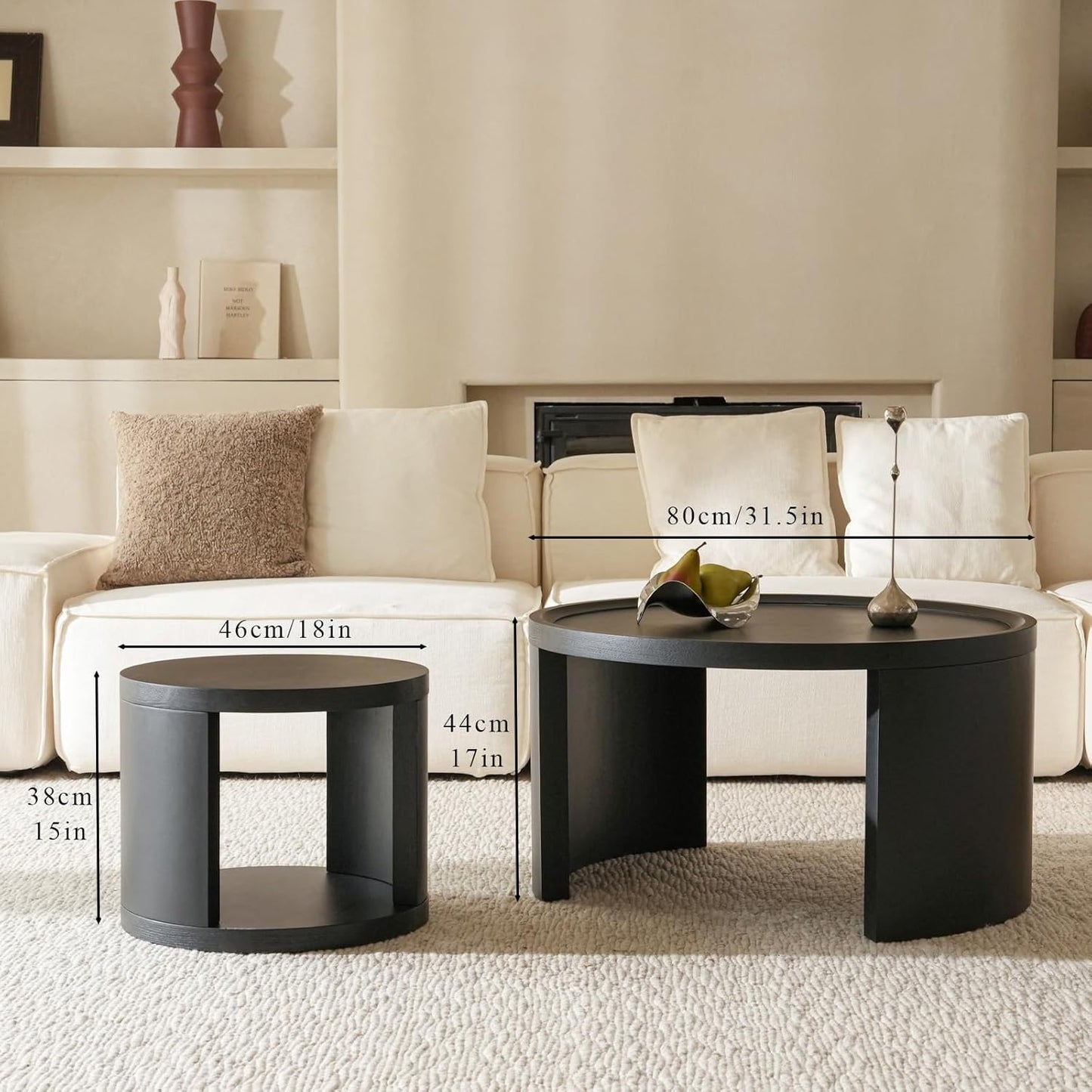 Round Nesting Coffee Table Set of 2,31.5" Large & 18" Small Low Tables with Wood Look Top,Space-Saving Side Tables for Living Room,Bedroom,Office,Minimalist Center Table Set (Black, L+S)