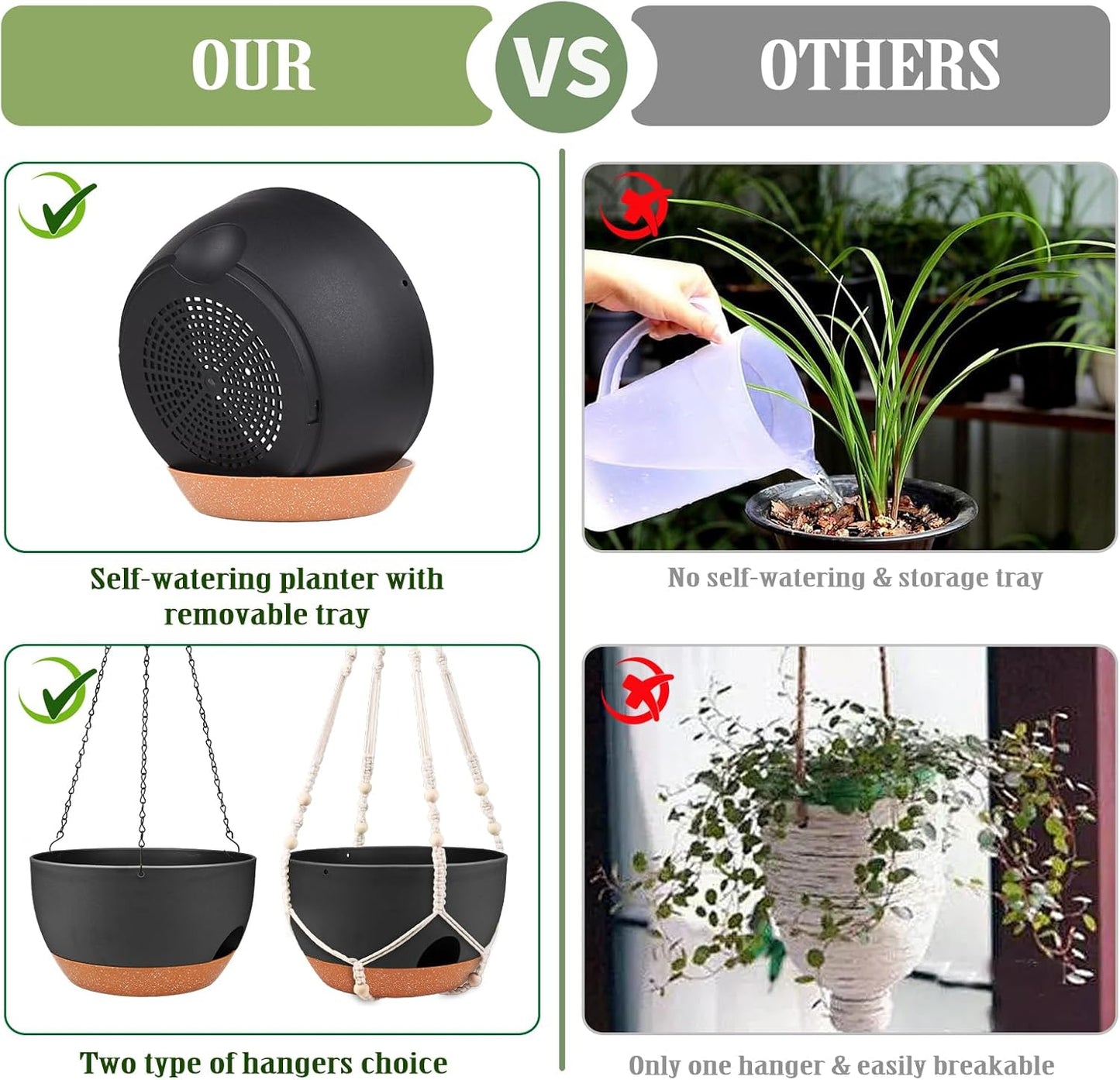 Hanging Planters for Outdoor Indoor Plants, 2 Pack 12 Inch Hanging Basket Plants Outdoor, Self Watering Hanging Planter with Plant Hanger for Garden Home Decoration (Black)