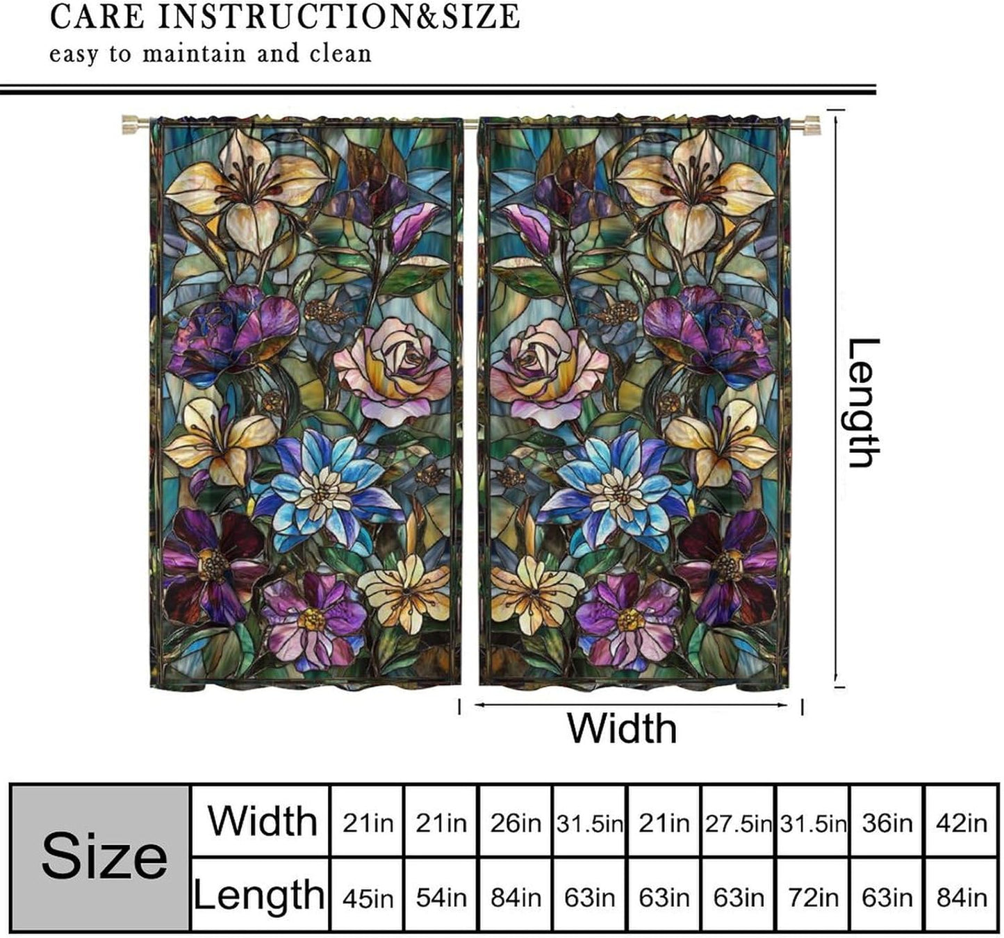 Stained Glass Curtains,Retro Colored Glass Flowers Art Home Decor Drapes for Bedroom Living Room Kitchen Window Treatment 2 Panels Set Total Size 63" W X 72" L Inch