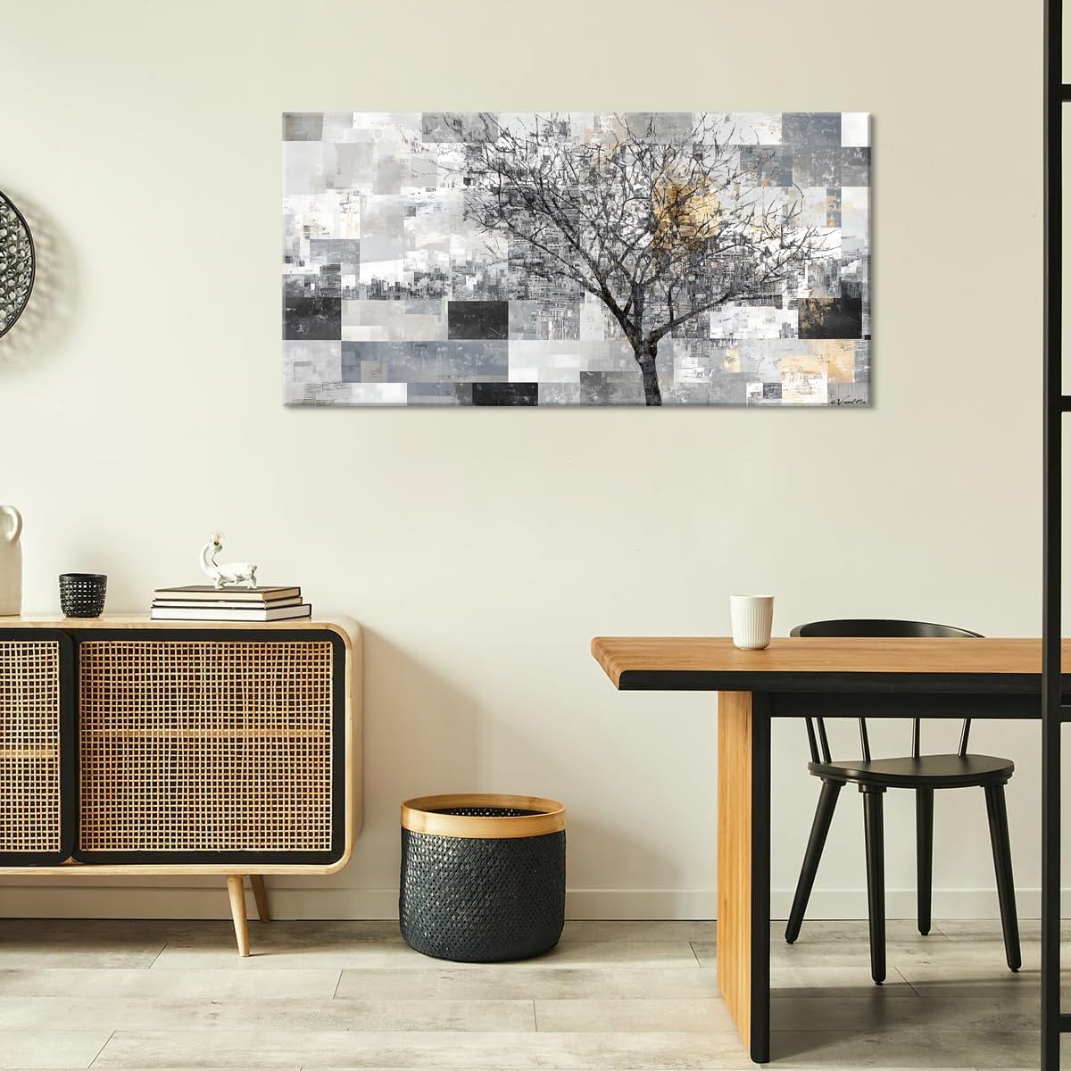 LASMOND Modern Abstract Tree Wall Art for Living Room Black and White Canvas Painting Wall Art Large Nature Landscape Artwork Bedroom Office Home Decor (30x16 Inches)